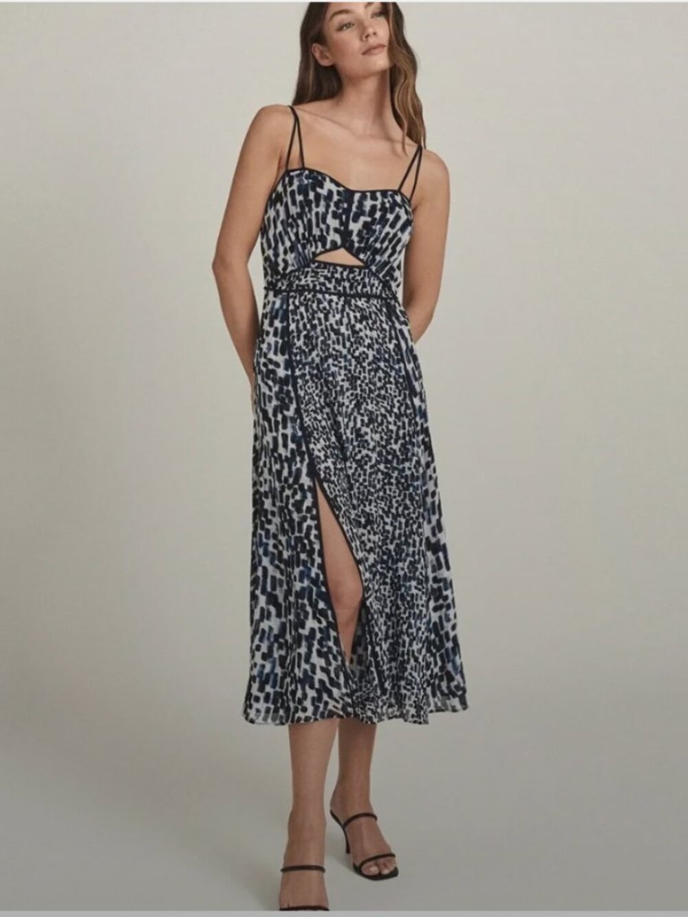 Reiss Nerissa Blue Abstract Print Cutout Midi Dress | Sweetheart | Size 4